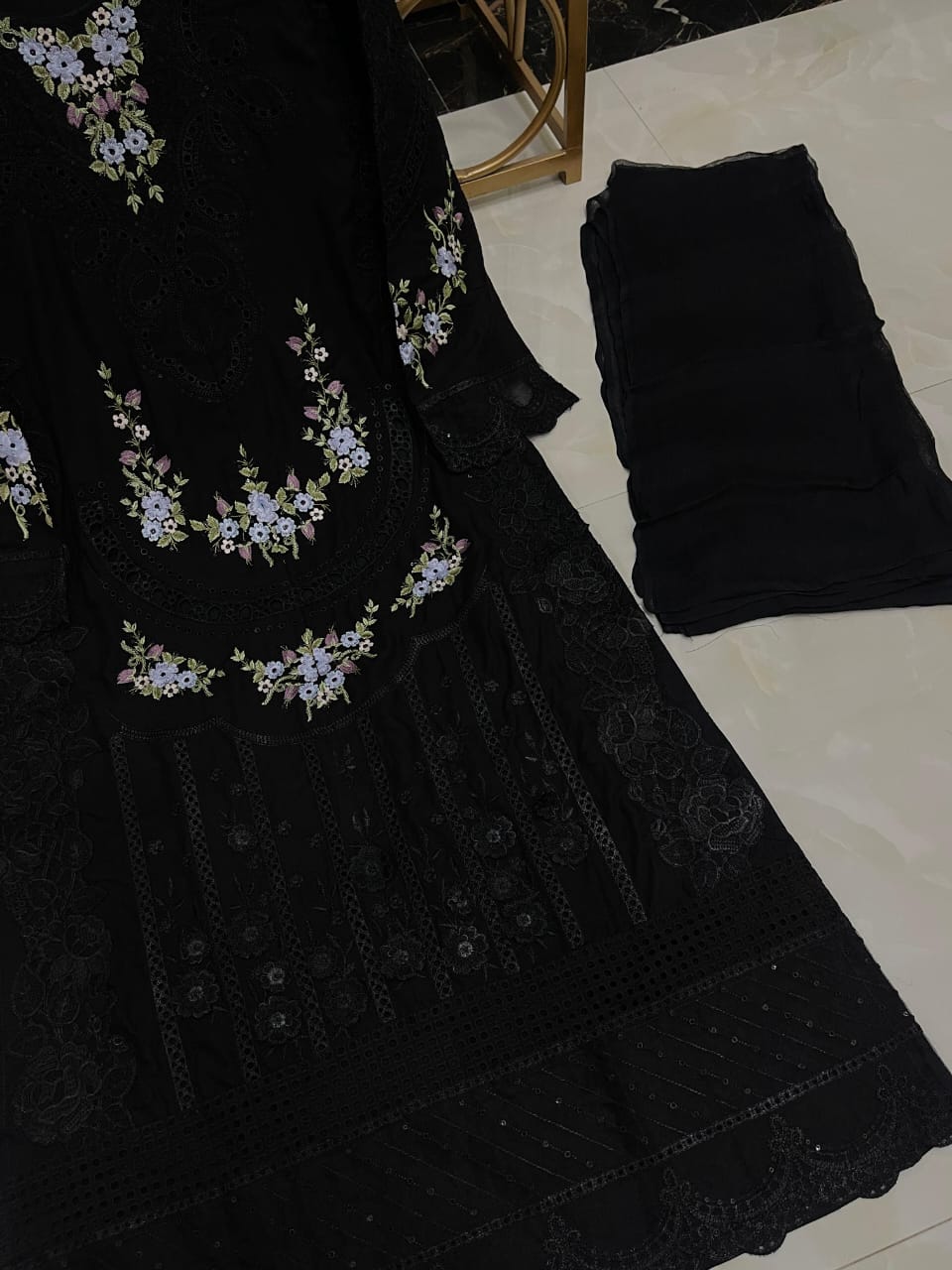 New Pure Linen Stitched Fancy Black Beautiful Trendy Long Chickankari Outfit