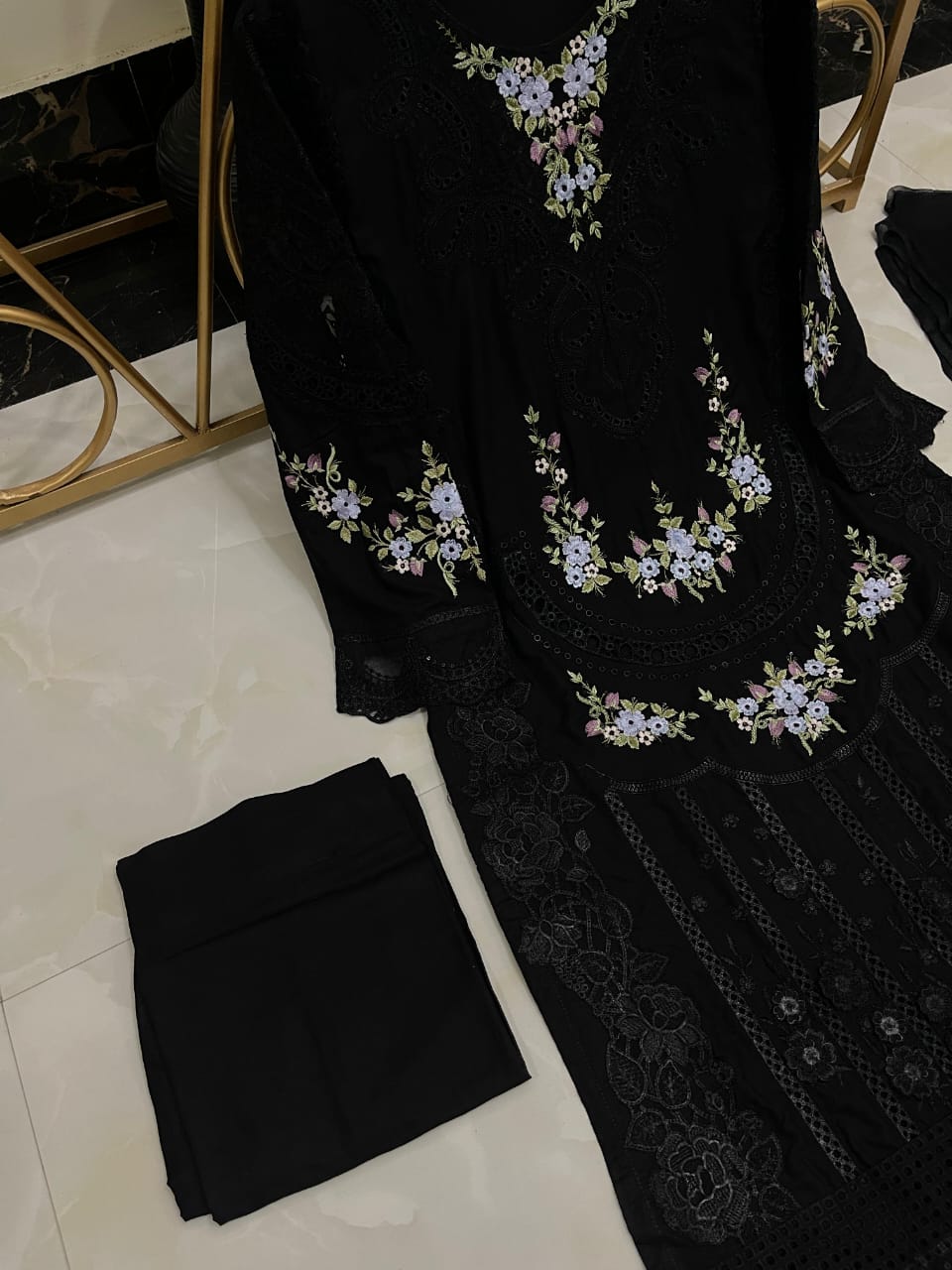 New Pure Linen Stitched Fancy Black Beautiful Trendy Long Chickankari Outfit